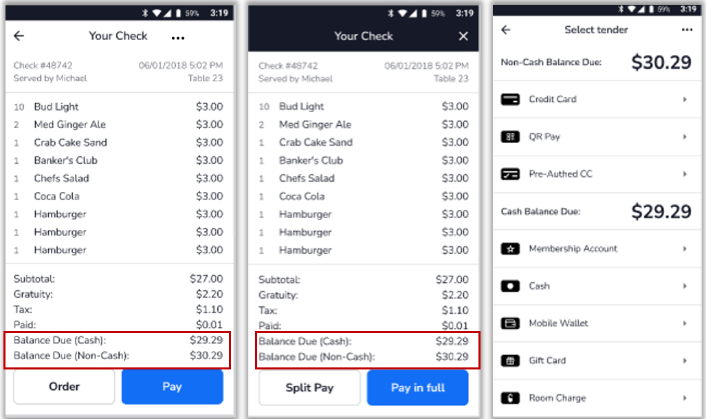 Dual pricing POS system example showing difference between cash and card payment amounts on SkyTab
